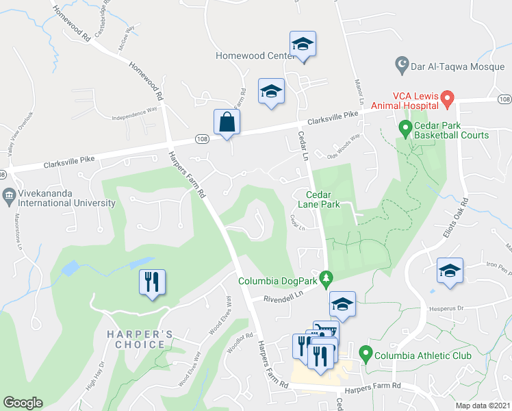 map of restaurants, bars, coffee shops, grocery stores, and more near 5151 Harpers Farm Road in Columbia