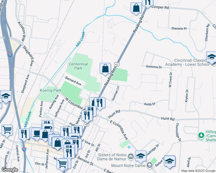 map of restaurants, bars, coffee shops, grocery stores, and more near 9359 Reading Road in Cincinnati