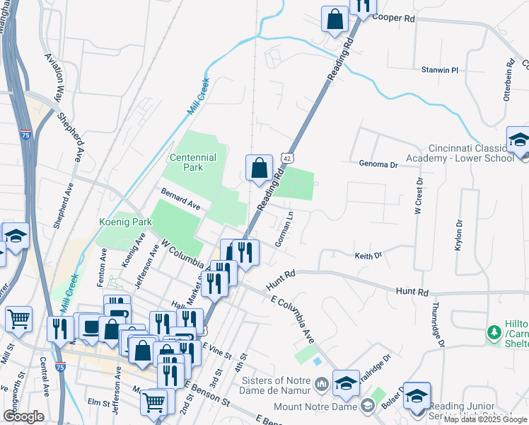 map of restaurants, bars, coffee shops, grocery stores, and more near 9359 Reading Road in Cincinnati