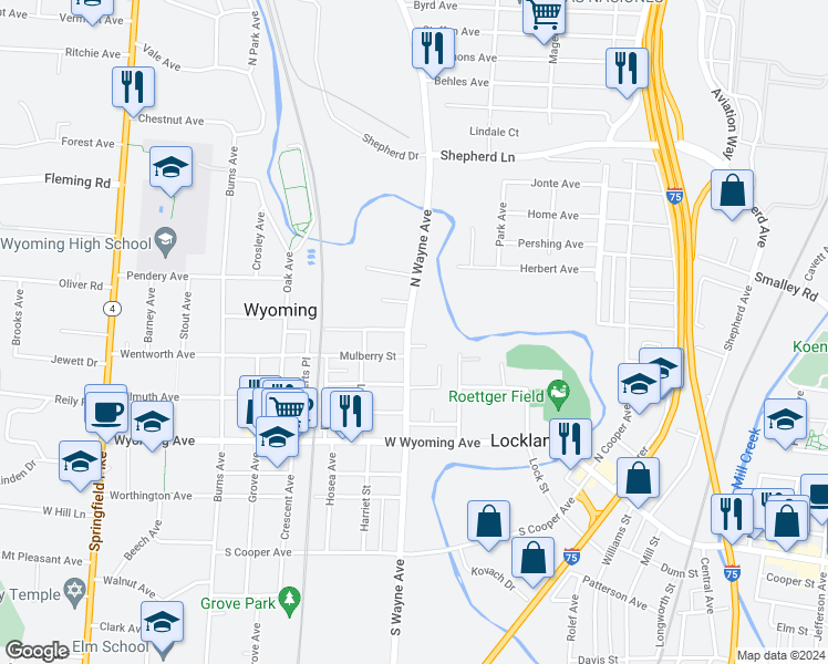 map of restaurants, bars, coffee shops, grocery stores, and more near 418 North Wayne Avenue in Cincinnati