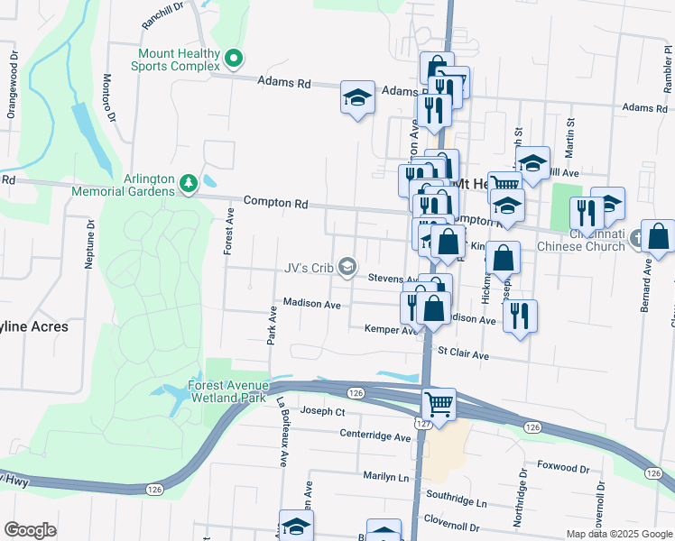map of restaurants, bars, coffee shops, grocery stores, and more near 7417 Maple Avenue in Cincinnati