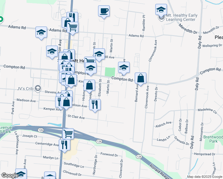 map of restaurants, bars, coffee shops, grocery stores, and more near 1451 Compton Road in Cincinnati