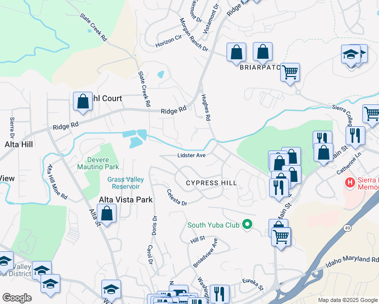 map of restaurants, bars, coffee shops, grocery stores, and more near 116 Lidster Avenue in Grass Valley