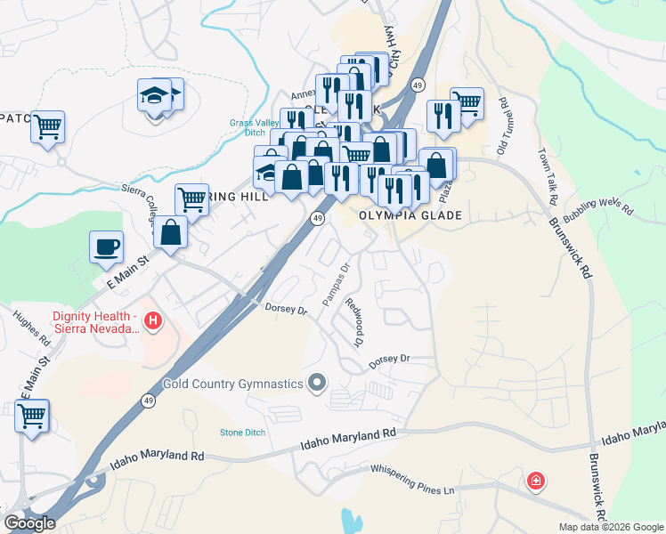 map of restaurants, bars, coffee shops, grocery stores, and more near 1056 Amber Loop in Grass Valley