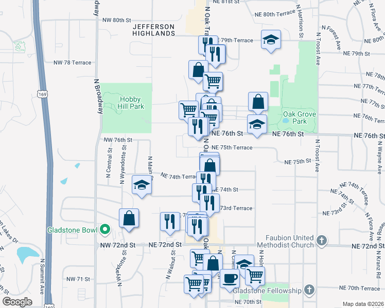 map of restaurants, bars, coffee shops, grocery stores, and more near 7510 North Oak Trafficway in Gladstone