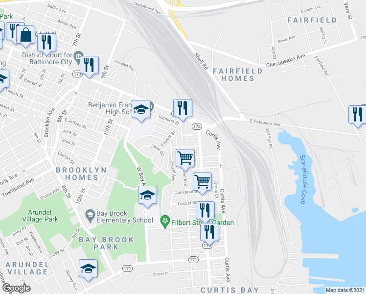map of restaurants, bars, coffee shops, grocery stores, and more near Fairhaven Ave & Sycamore St in Baltimore