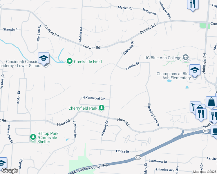 map of restaurants, bars, coffee shops, grocery stores, and more near 2625 Petworth Court in Cincinnati