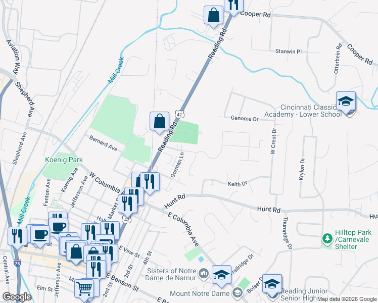 map of restaurants, bars, coffee shops, grocery stores, and more near 34 Gahl Terrace in Cincinnati