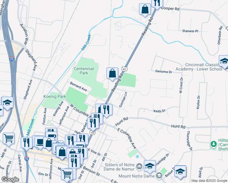 map of restaurants, bars, coffee shops, grocery stores, and more near 9359 Reading Road in Cincinnati