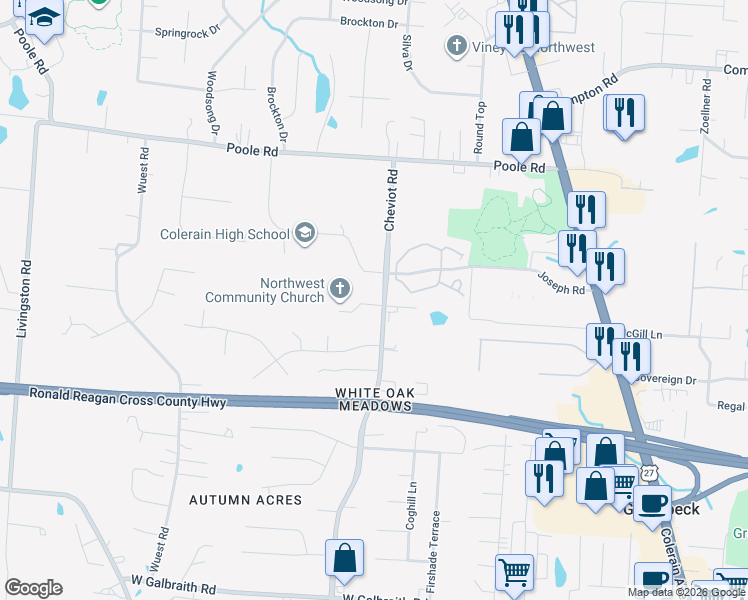 map of restaurants, bars, coffee shops, grocery stores, and more near 8761 Cheviot Road in Cincinnati