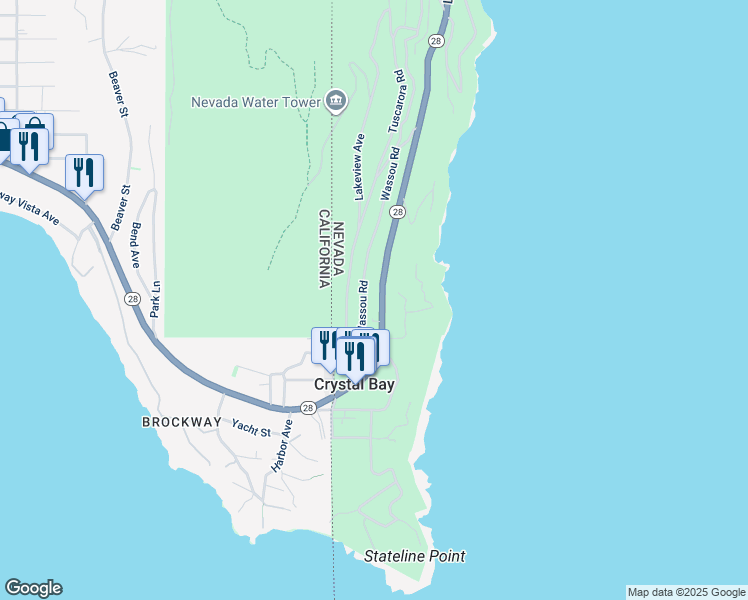 map of restaurants, bars, coffee shops, grocery stores, and more near 1 Big Water Drive in Crystal Bay