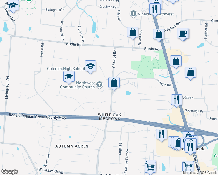 map of restaurants, bars, coffee shops, grocery stores, and more near 8761 Cheviot Road in Cincinnati