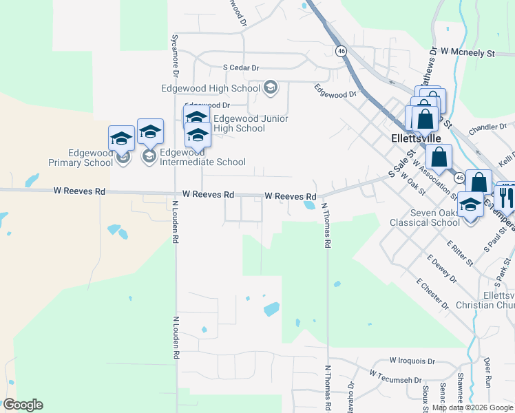 map of restaurants, bars, coffee shops, grocery stores, and more near 5270 North Mary Street in Bloomington