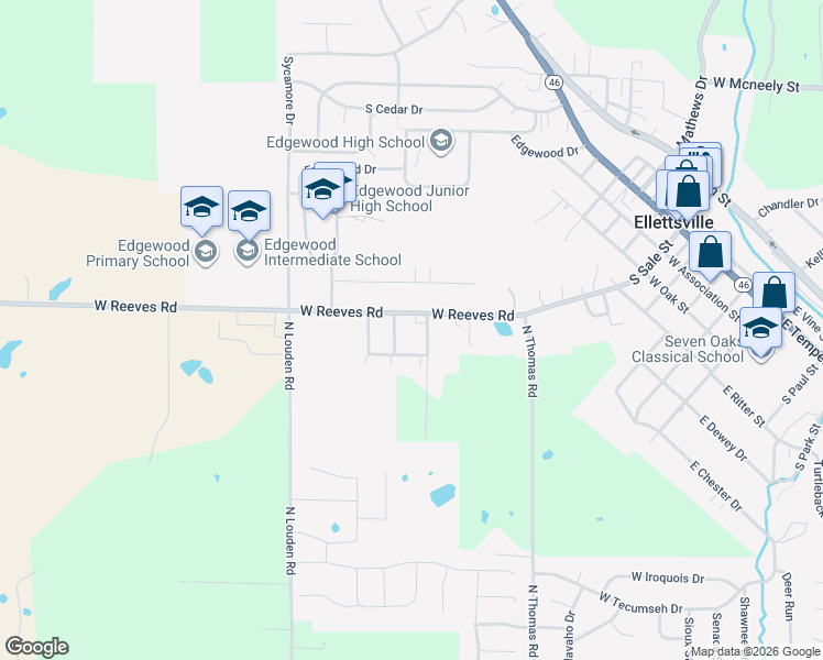 map of restaurants, bars, coffee shops, grocery stores, and more near 5270 North Mary Street in Bloomington