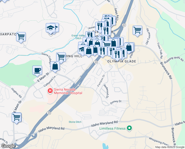map of restaurants, bars, coffee shops, grocery stores, and more near 244 Dorsey Drive in Grass Valley
