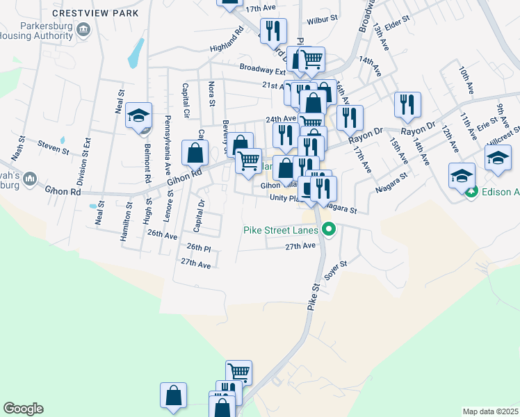 map of restaurants, bars, coffee shops, grocery stores, and more near 2601 Unity Plaza in Parkersburg