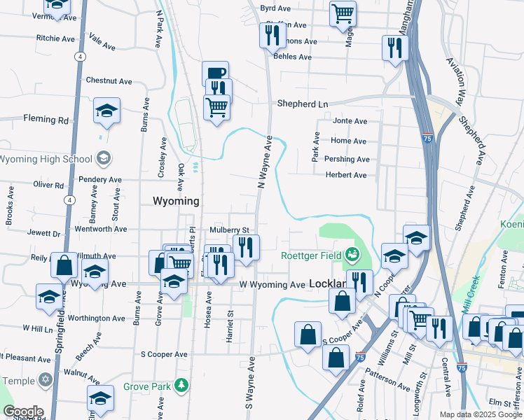 map of restaurants, bars, coffee shops, grocery stores, and more near 418 North Wayne Avenue in Cincinnati