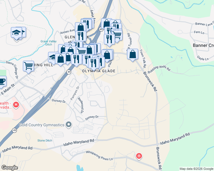 map of restaurants, bars, coffee shops, grocery stores, and more near 265 Sutton Way in Grass Valley