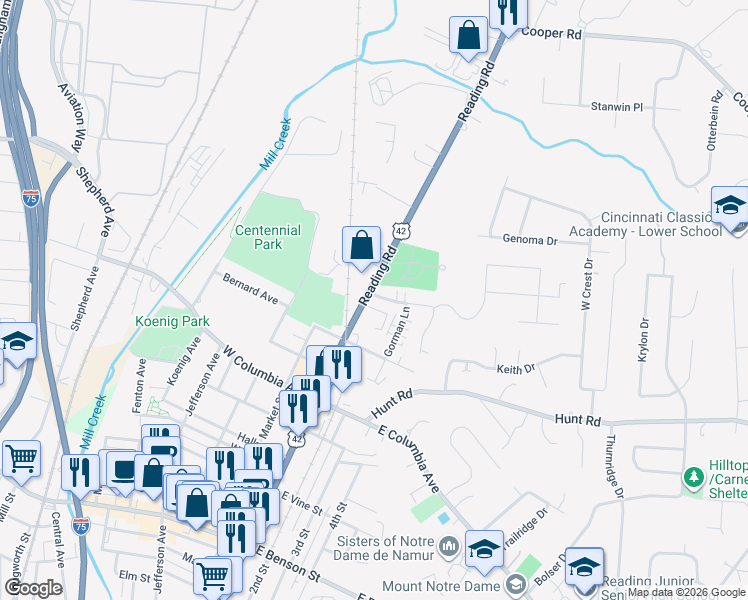 map of restaurants, bars, coffee shops, grocery stores, and more near 18 Gahl Terrace in Cincinnati