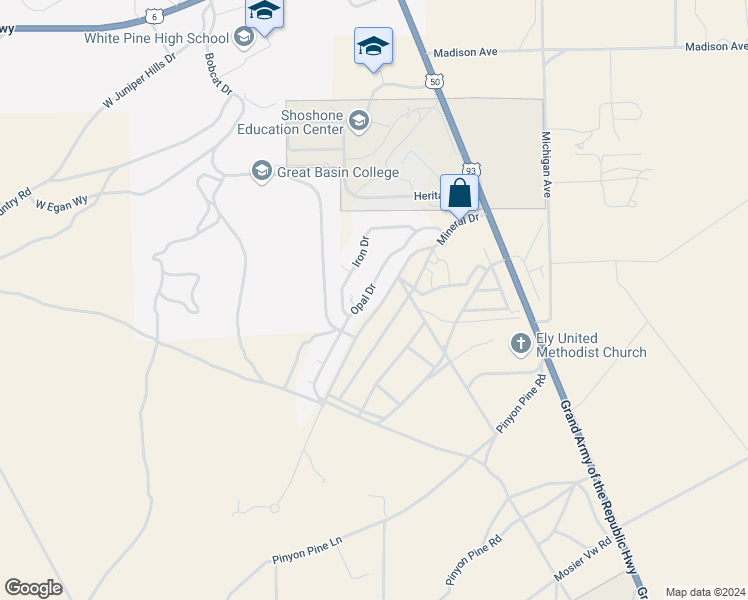 map of restaurants, bars, coffee shops, grocery stores, and more near 2330 Opal Drive in Ely