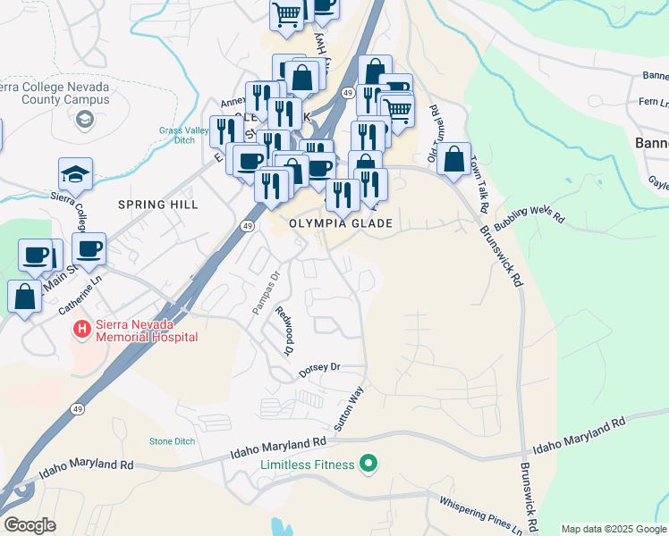 map of restaurants, bars, coffee shops, grocery stores, and more near 304 Sutton Way in Grass Valley