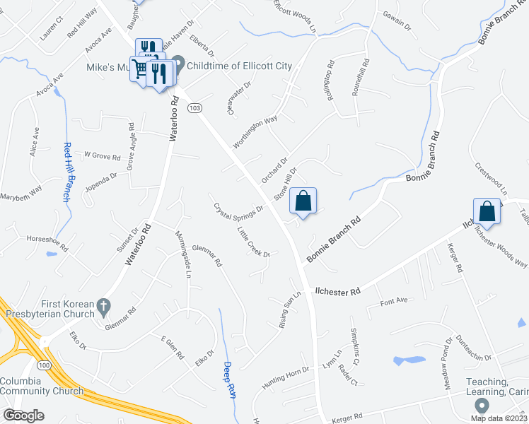 map of restaurants, bars, coffee shops, grocery stores, and more near 5101 Crystal Springs Drive in Ellicott City