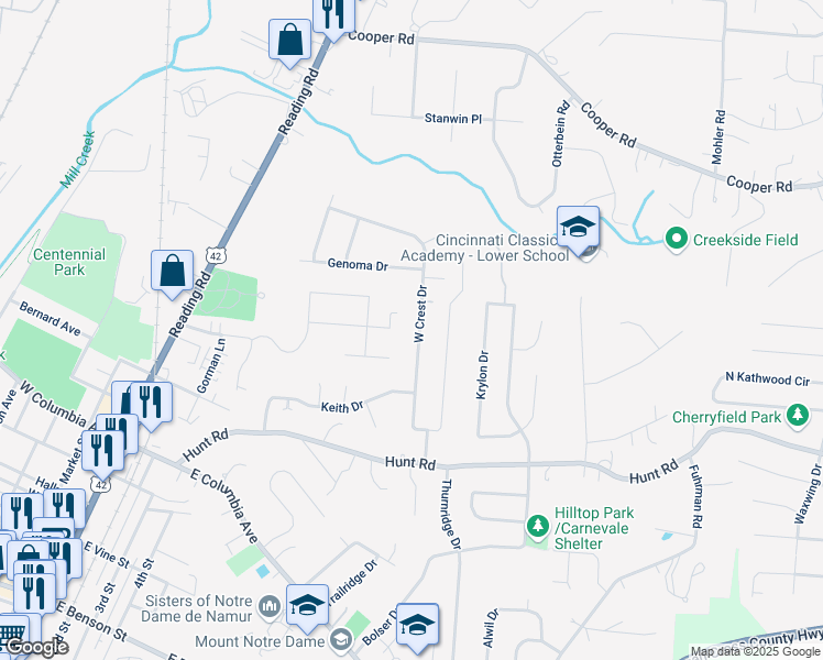 map of restaurants, bars, coffee shops, grocery stores, and more near 315 Breezy Vista in Cincinnati