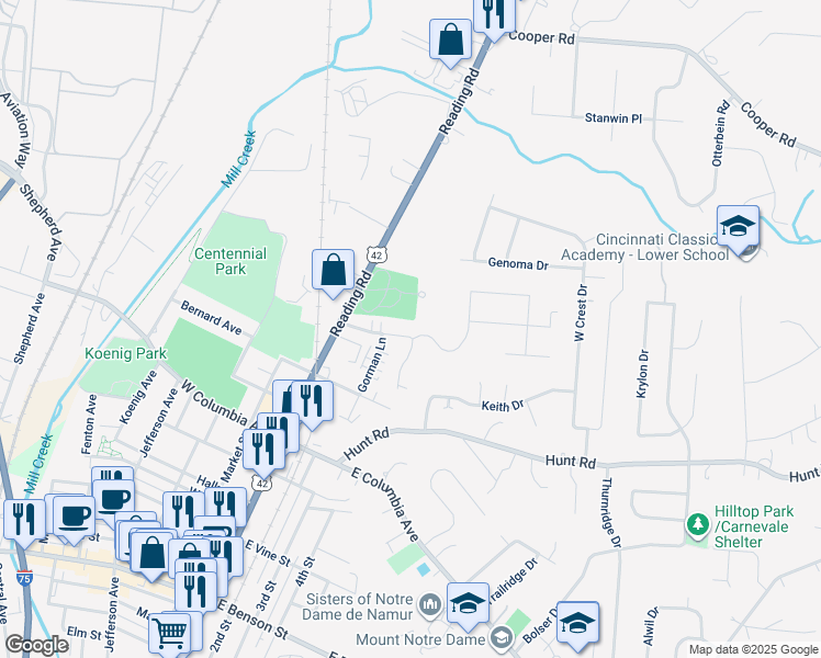 map of restaurants, bars, coffee shops, grocery stores, and more near 34 Gahl Terrace in Cincinnati