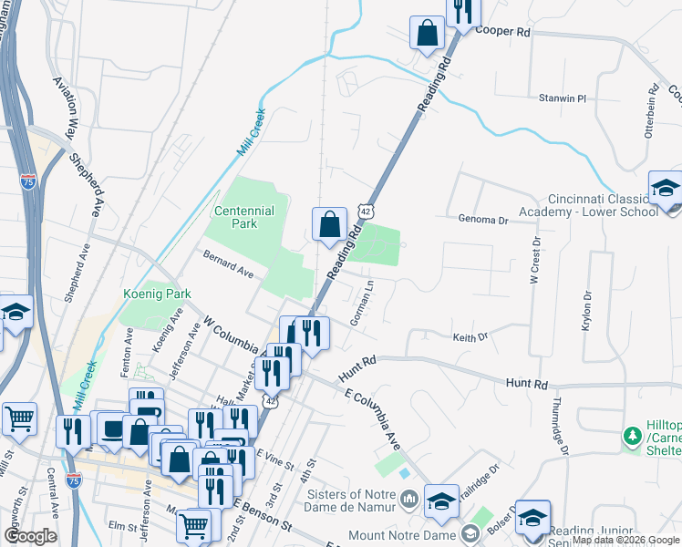 map of restaurants, bars, coffee shops, grocery stores, and more near 18 Gahl Terrace in Cincinnati