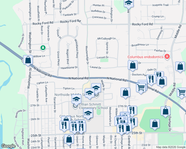 map of restaurants, bars, coffee shops, grocery stores, and more near 3131 North National Road in Columbus