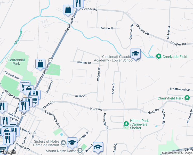 map of restaurants, bars, coffee shops, grocery stores, and more near 315 Breezy Vista in Cincinnati