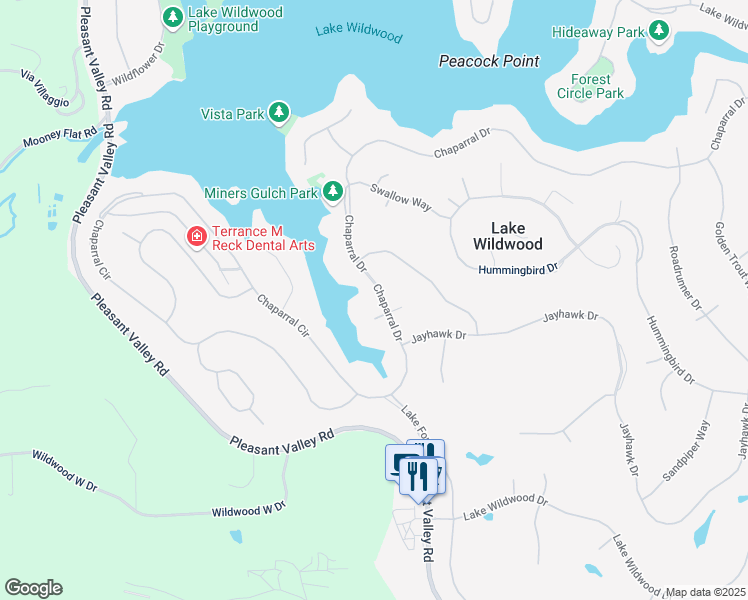 map of restaurants, bars, coffee shops, grocery stores, and more near 19056 Chaparral Drive in Penn Valley