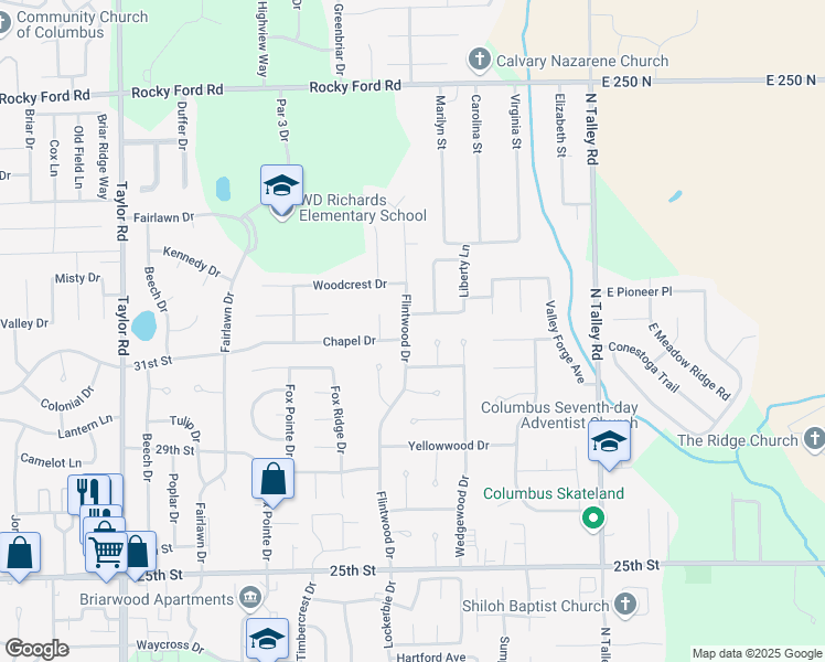 map of restaurants, bars, coffee shops, grocery stores, and more near 3145 Flintwood Drive in Columbus