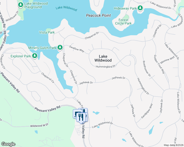 map of restaurants, bars, coffee shops, grocery stores, and more near 11817 Warbler Way in Penn Valley