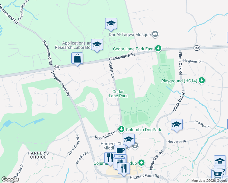 map of restaurants, bars, coffee shops, grocery stores, and more near 5214 Cedar Lane in Columbia