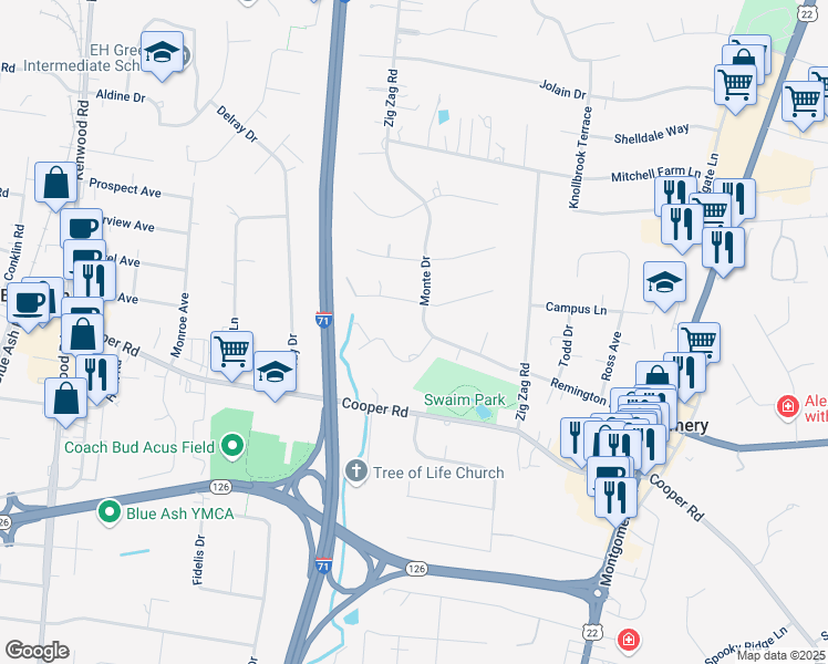 map of restaurants, bars, coffee shops, grocery stores, and more near 8300 Monte Drive in Cincinnati