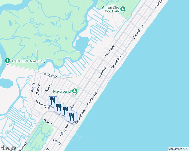 map of restaurants, bars, coffee shops, grocery stores, and more near 5031 West Avenue in Ocean City