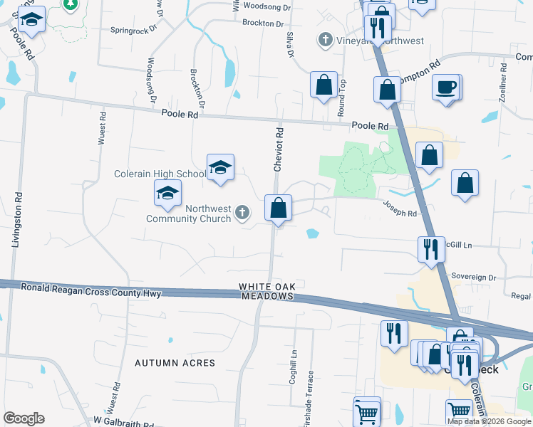 map of restaurants, bars, coffee shops, grocery stores, and more near 8761 Cheviot Road in Cincinnati