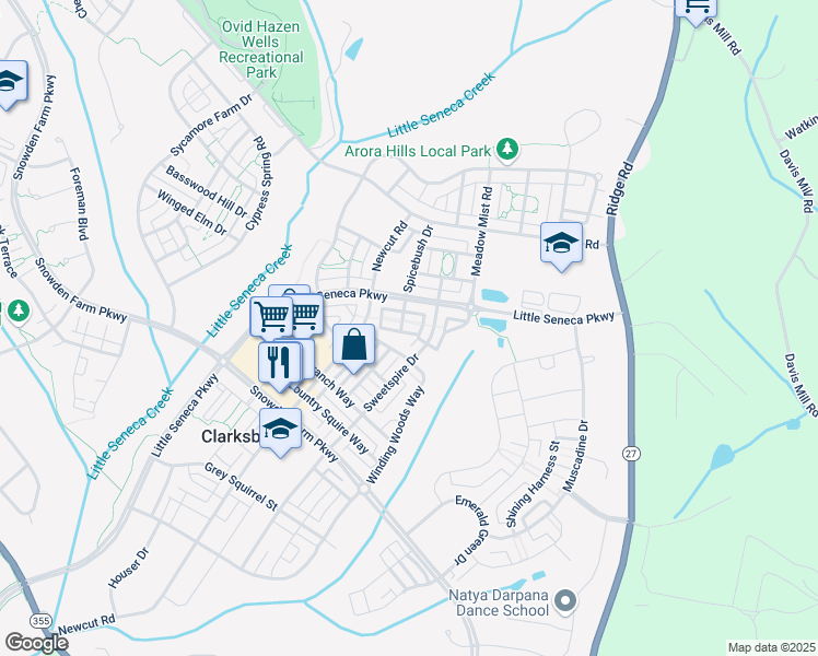 map of restaurants, bars, coffee shops, grocery stores, and more near 22907 Spicebush Drive in Clarksburg
