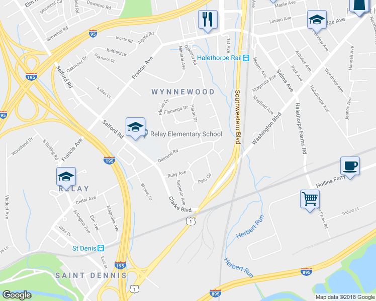map of restaurants, bars, coffee shops, grocery stores, and more near 5908 Oakland Road in Halethorpe