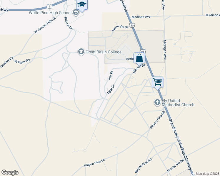 map of restaurants, bars, coffee shops, grocery stores, and more near 2345 Opal Drive in Ely