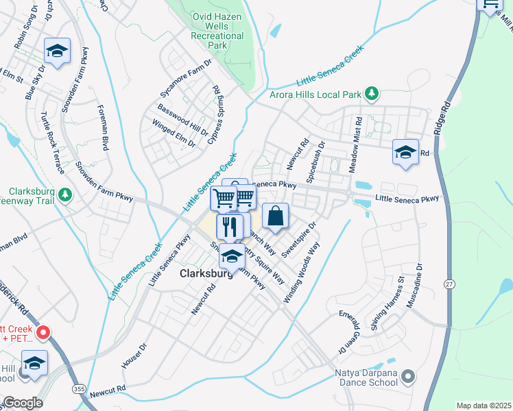 map of restaurants, bars, coffee shops, grocery stores, and more near 22930 Arora Hills Drive in Clarksburg