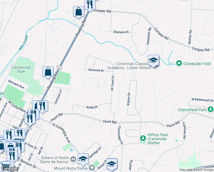 map of restaurants, bars, coffee shops, grocery stores, and more near 315 Breezy Vista in Cincinnati