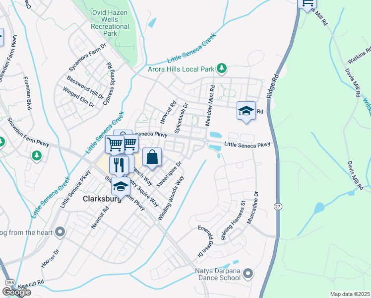 map of restaurants, bars, coffee shops, grocery stores, and more near 23040 Sweetspire Drive in Clarksburg