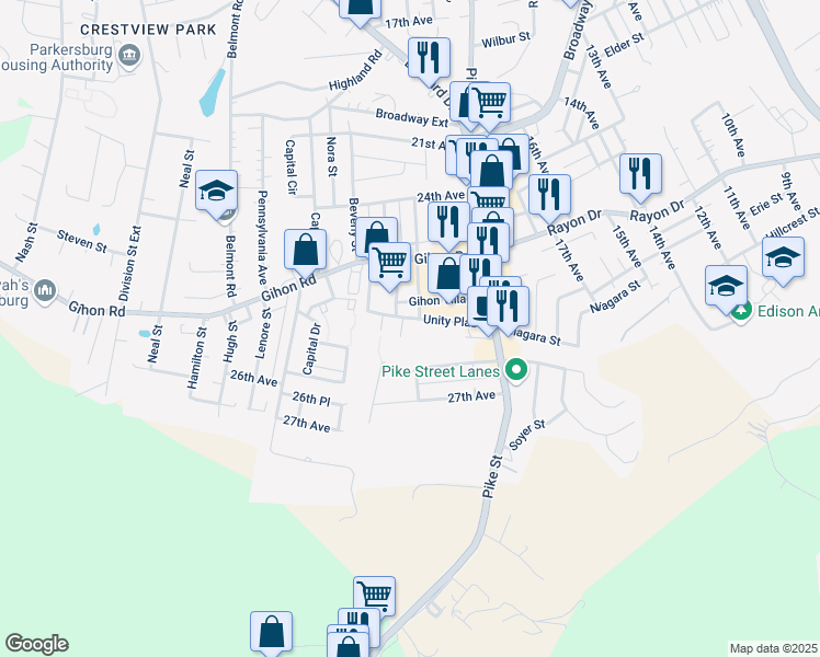map of restaurants, bars, coffee shops, grocery stores, and more near 2601 Unity Plaza in Parkersburg