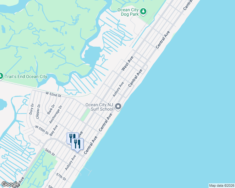 map of restaurants, bars, coffee shops, grocery stores, and more near 402-04 50th Street in Ocean City