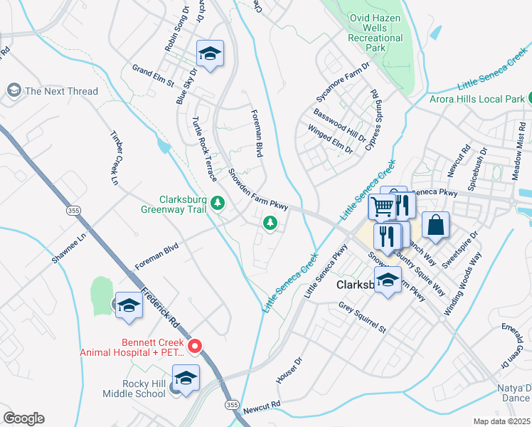 map of restaurants, bars, coffee shops, grocery stores, and more near 12709 Horseshoe Bend Circle in Clarksburg
