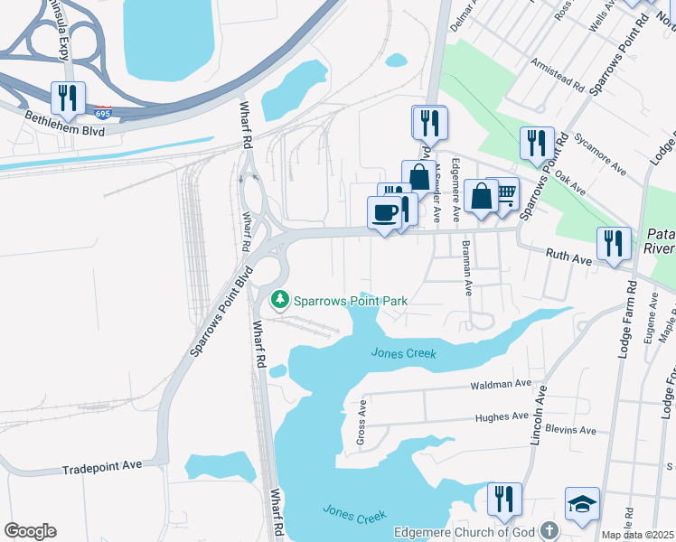 map of restaurants, bars, coffee shops, grocery stores, and more near 2521 Wagner Avenue in Sparrows Point