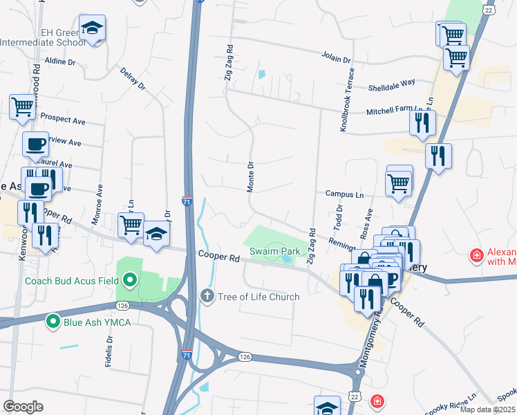 map of restaurants, bars, coffee shops, grocery stores, and more near 8300 Monte Drive in Cincinnati