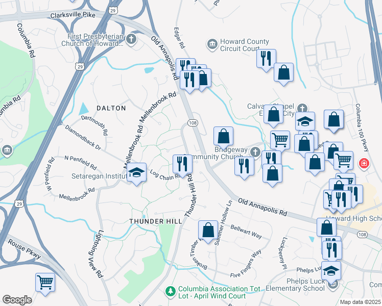 map of restaurants, bars, coffee shops, grocery stores, and more near 5067 Thunder Hill Road in Columbia